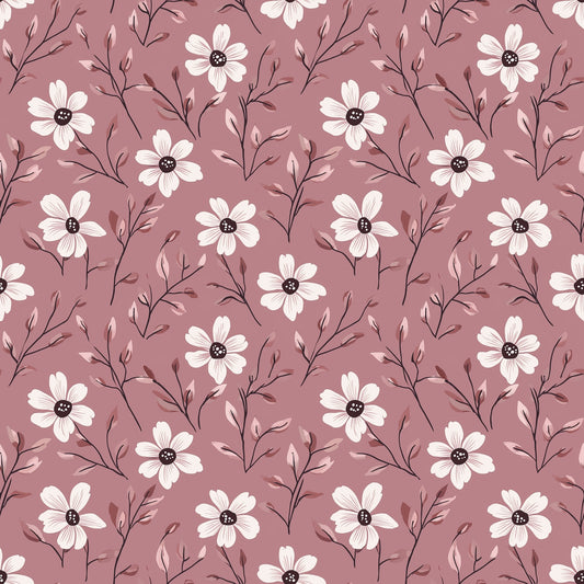Dark Pink with White Flowers Digital Seamless Pattern