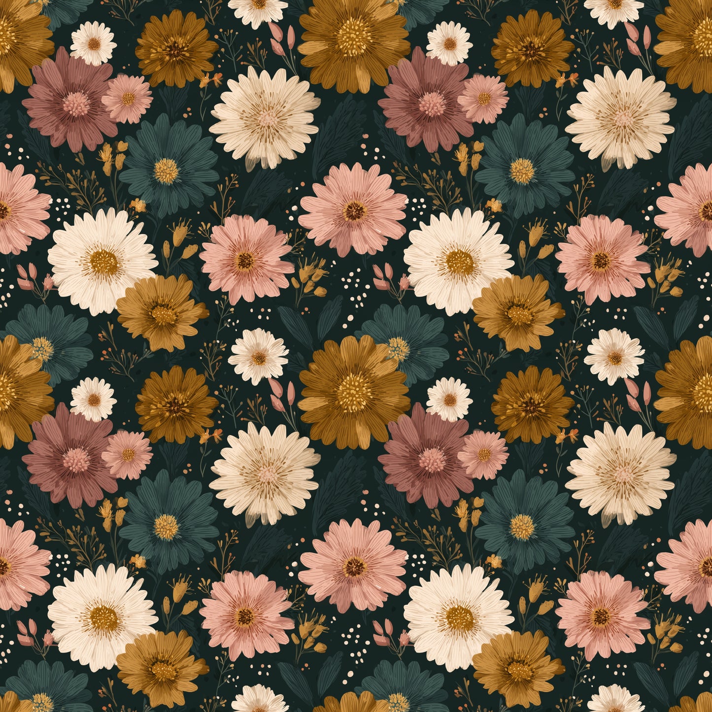 Dark Vintage Blooms Digital Seamless Pattern