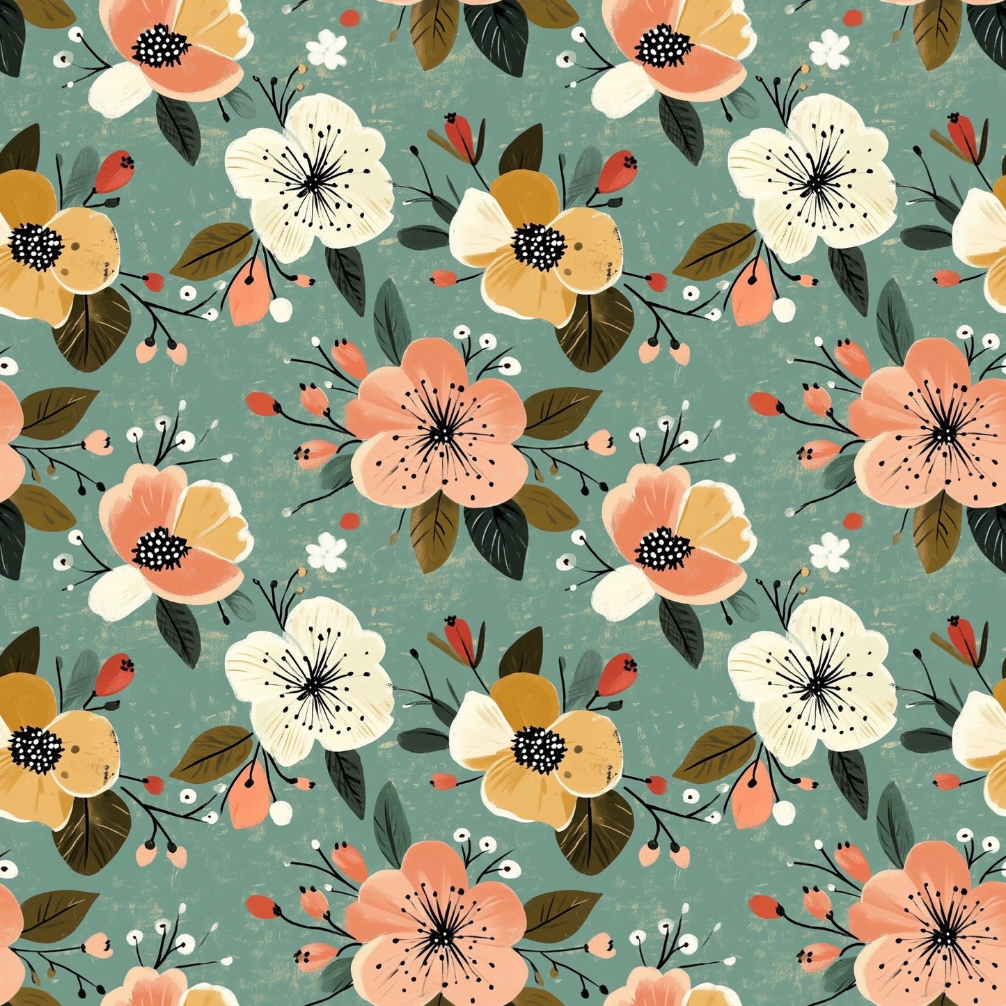 Distressed Sage Floral Digital Seamless Pattern