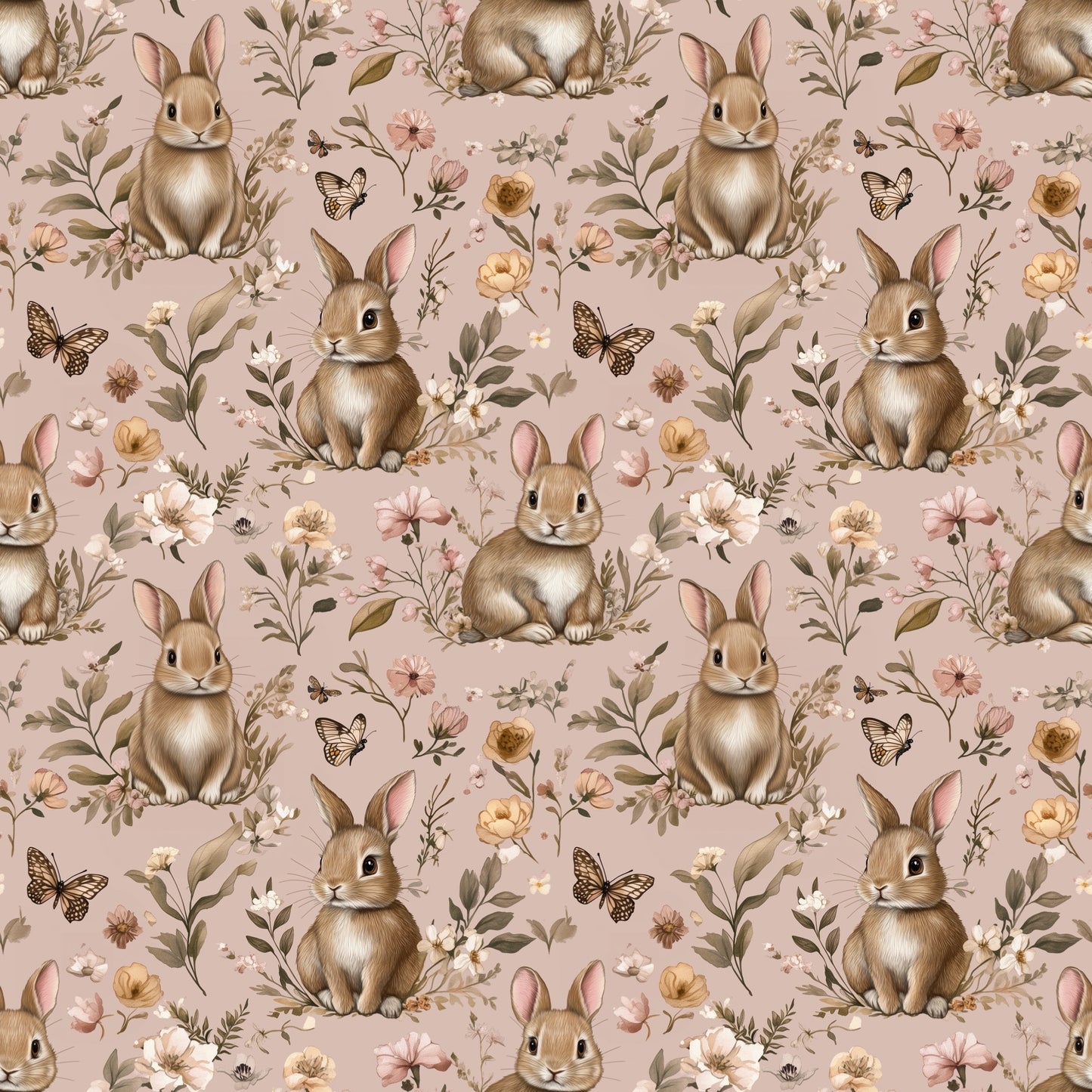 Dusky Pink Bunny Meadow Digital Seamless Pattern