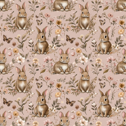 Dusky Pink Bunny Meadow Digital Seamless Pattern