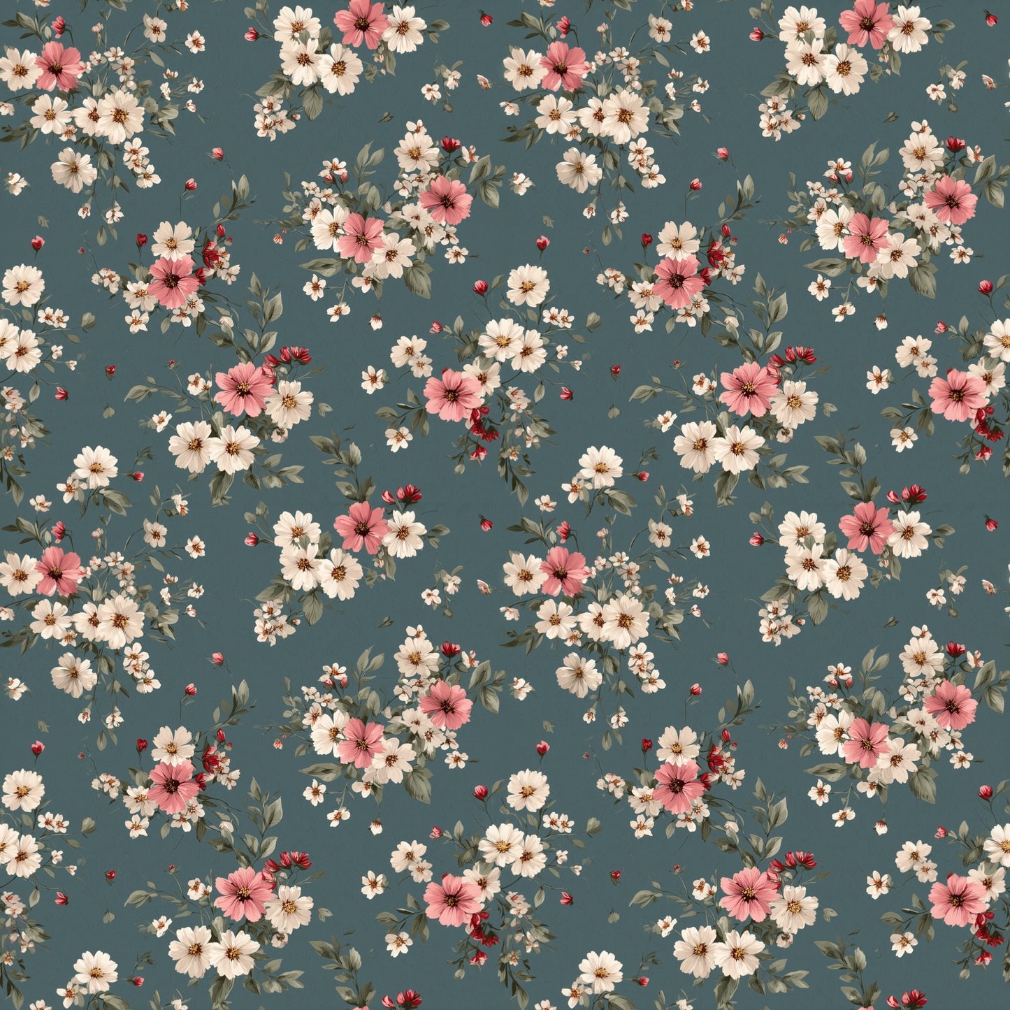 Dusky Teal Floral Digital Seamless Pattern