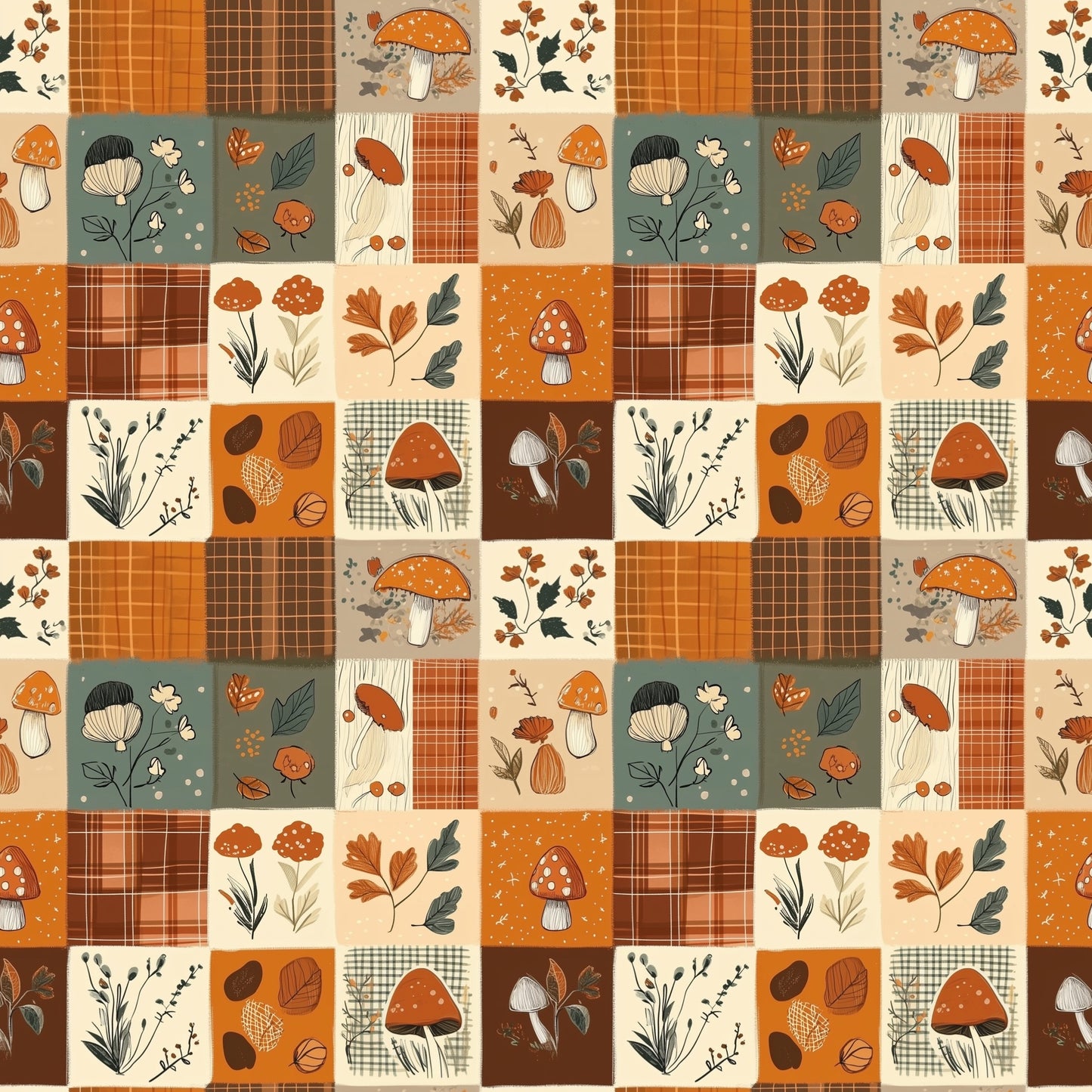 Fall Mushroom Quilt Digital Seamless Pattern