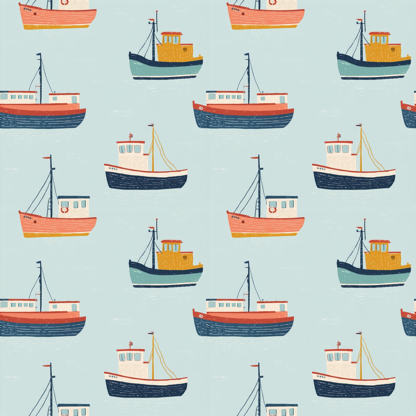 Fishing Boats on Blue Digital Seamless Pattern