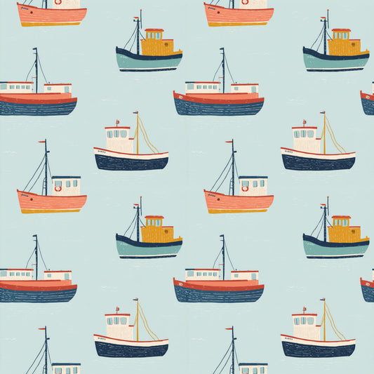 Fishing Boats on Blue Digital Seamless Pattern