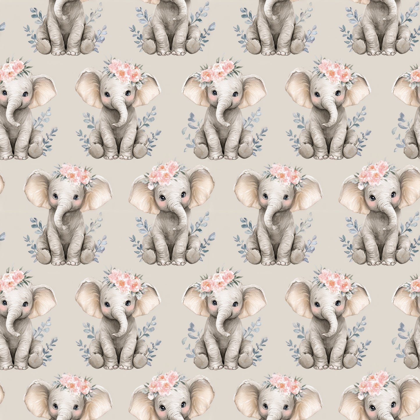 Floral Baby Elephants Digital Seamless Pattern