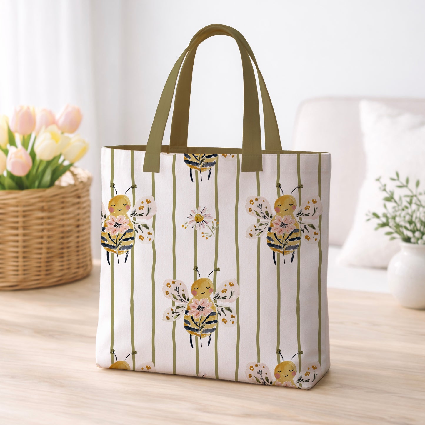 Floral Bee Khaki Stripe