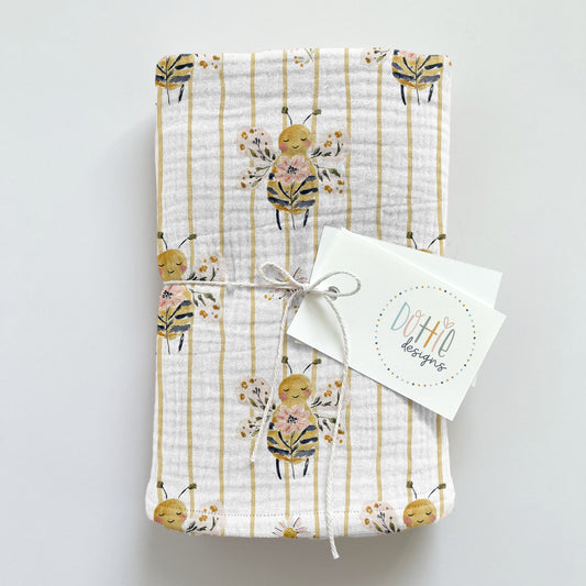 Floral Bee Mustard Stripe