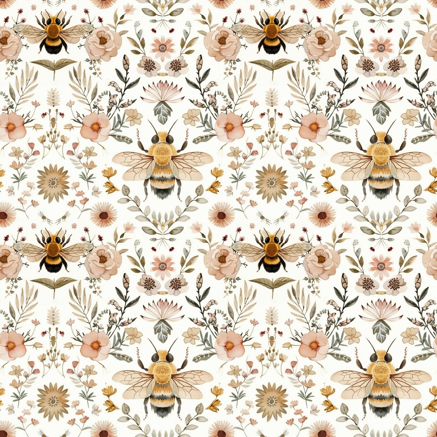 Floral Bees Digital Seamless Pattern