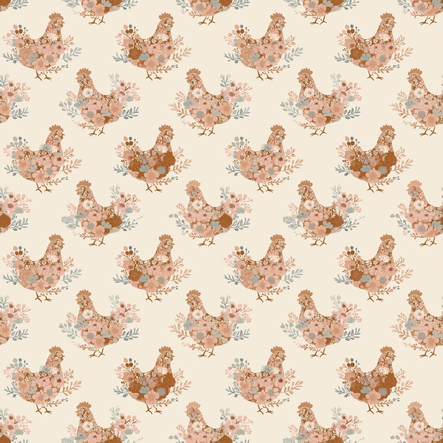 Floral Boho Chickens Digital Seamless Pattern
