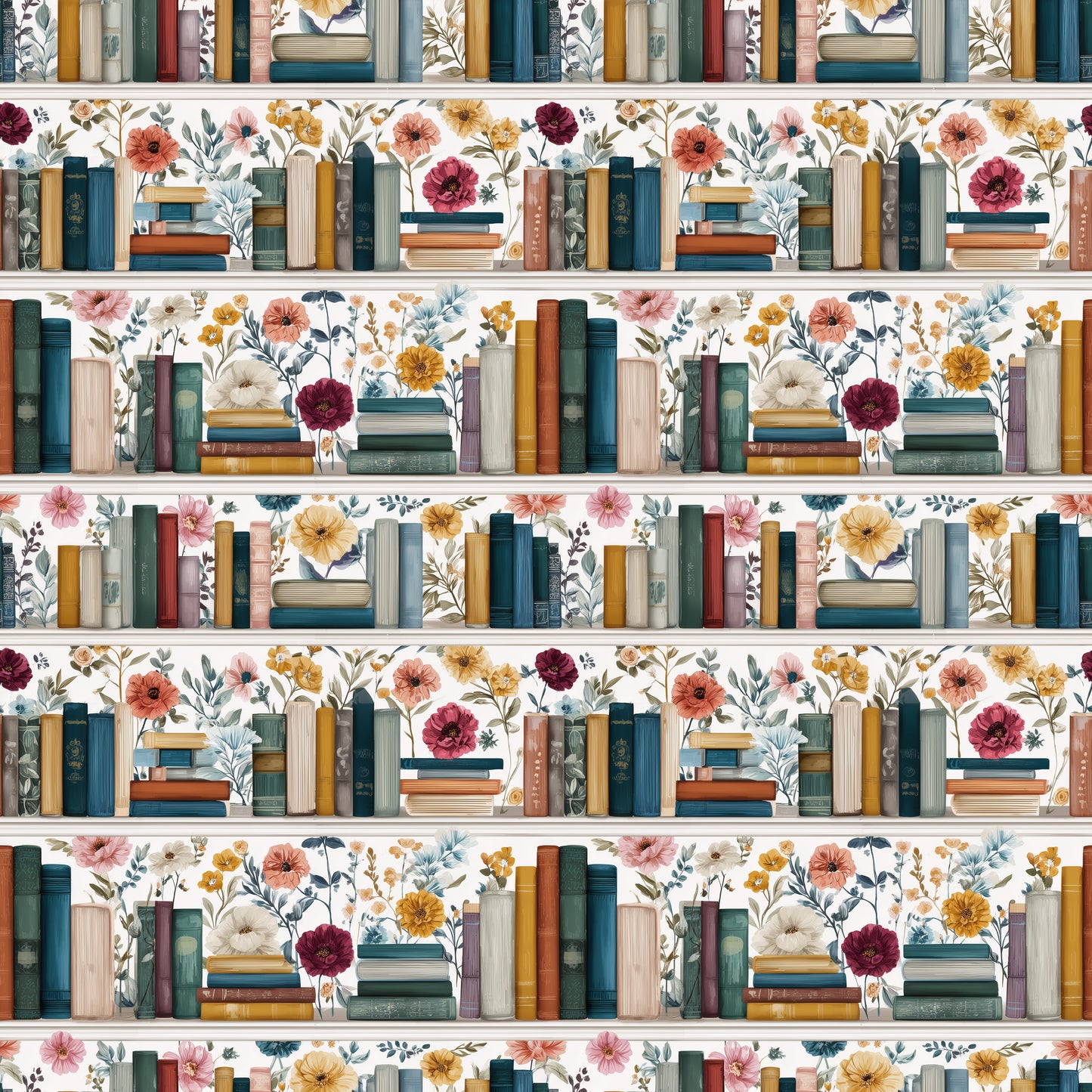 Floral Bookshelves Digital Seamless Pattern