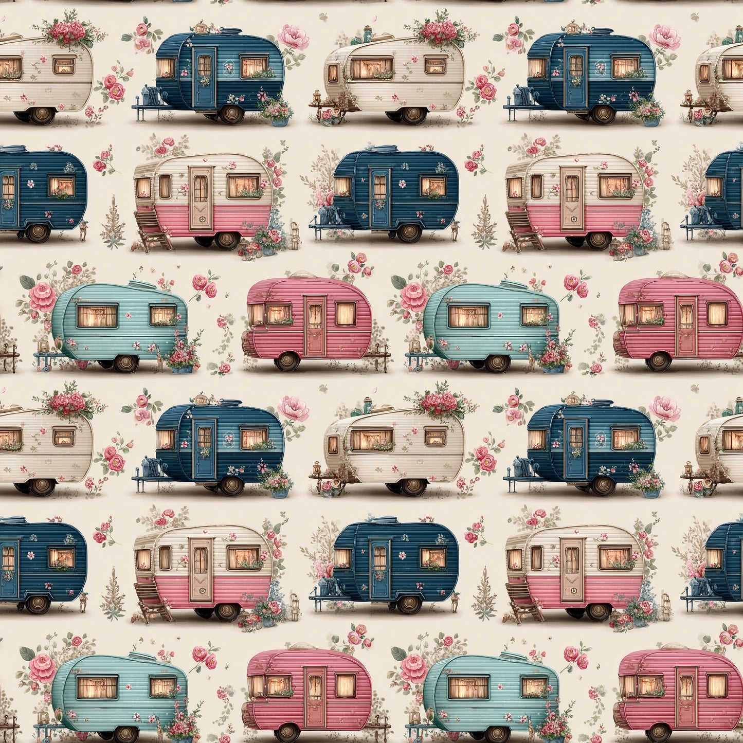 Floral Camping Digital Seamless Pattern