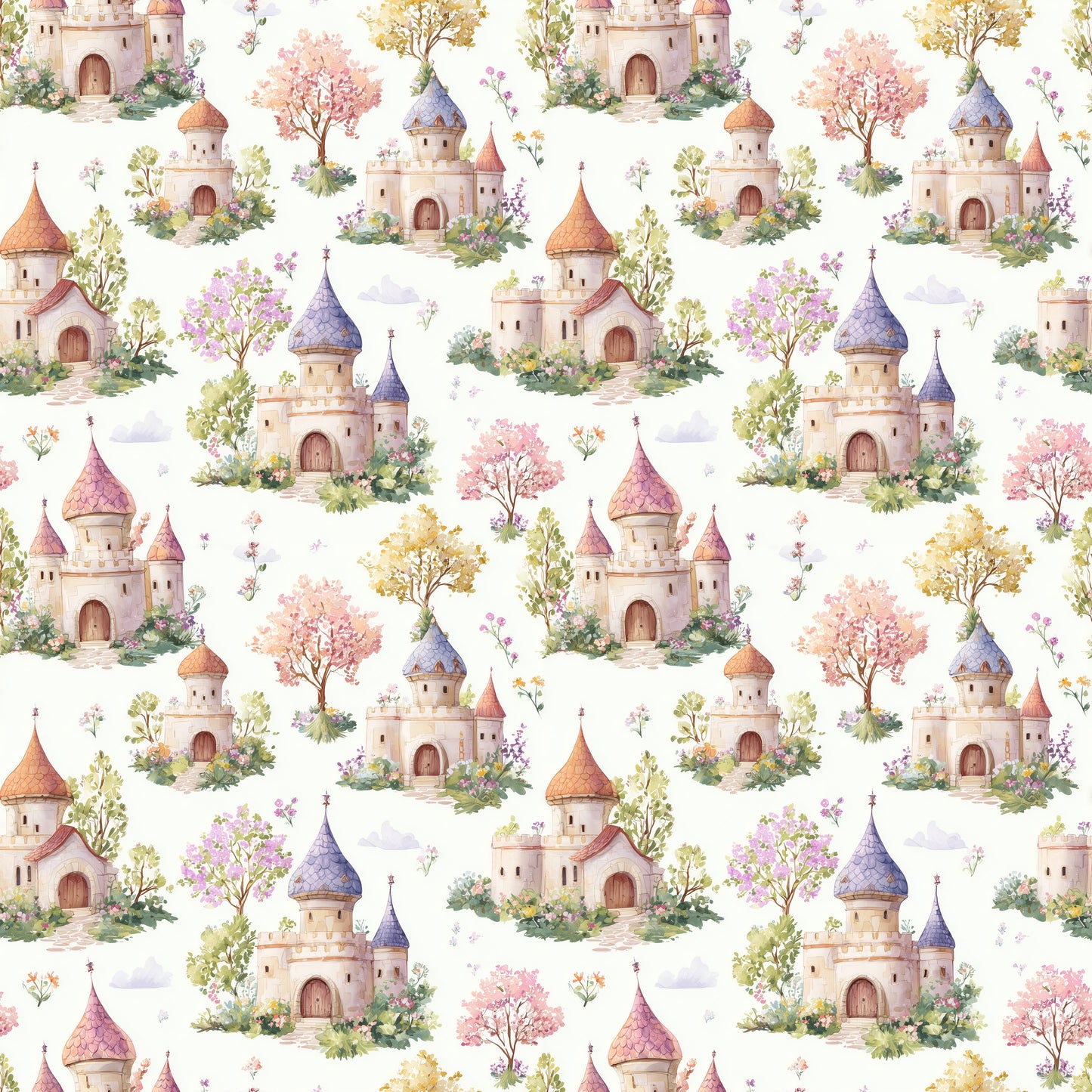 Floral Castles Digital Seamless Pattern