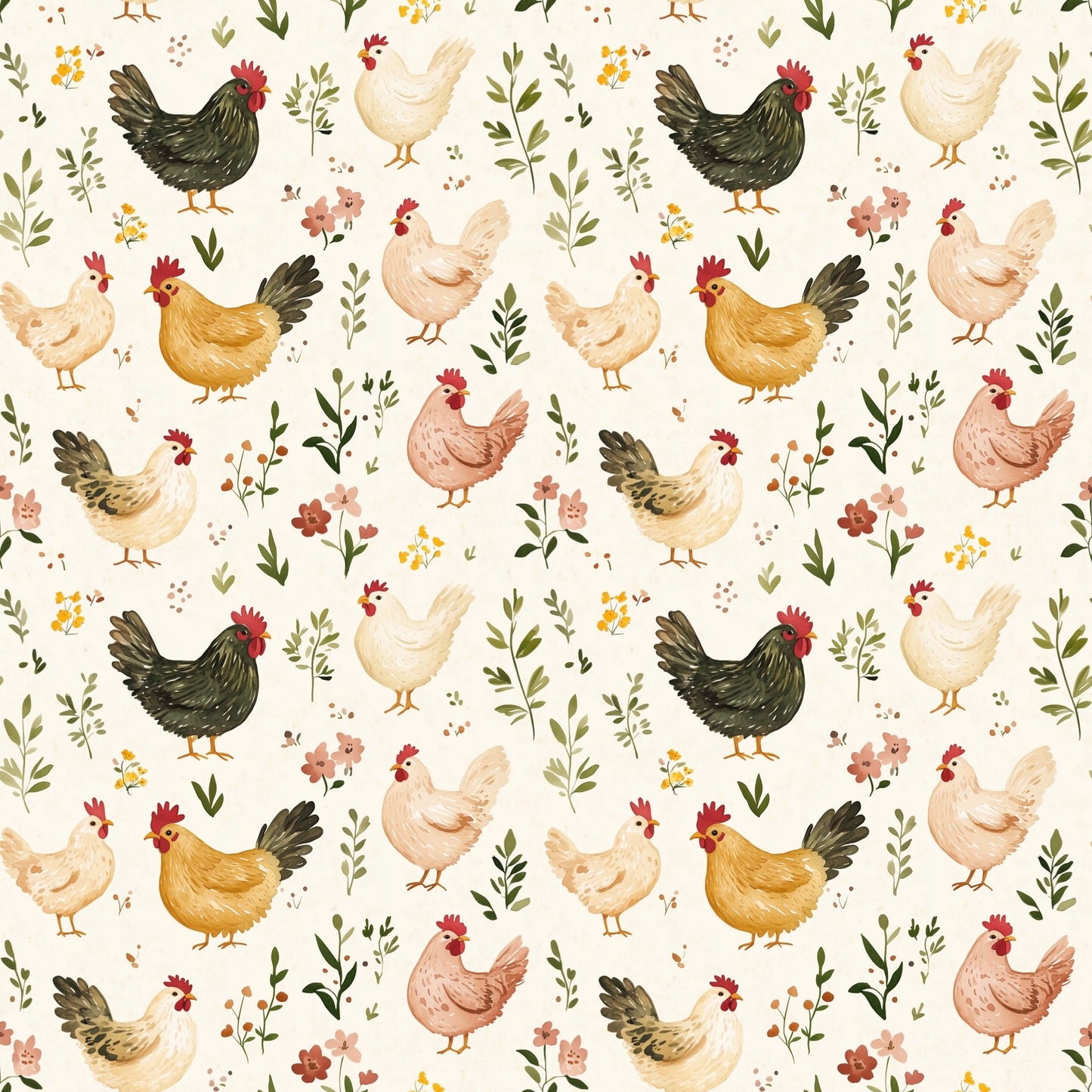 Floral Chickens Digital Seamless Pattern