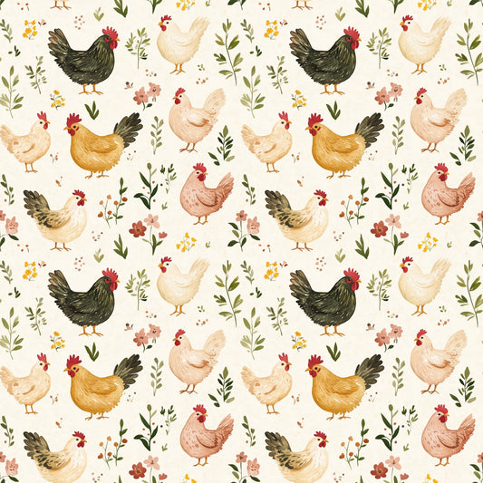 Floral Chickens Digital Seamless Pattern