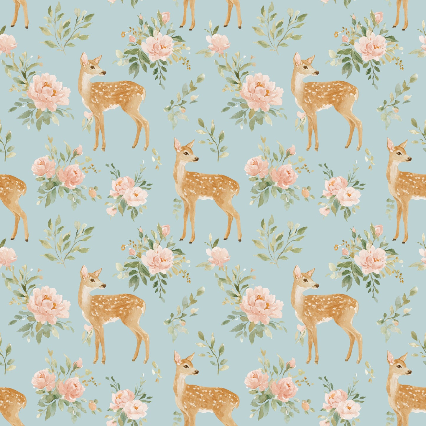 Floral Deer in Blue Digital Seamless Pattern