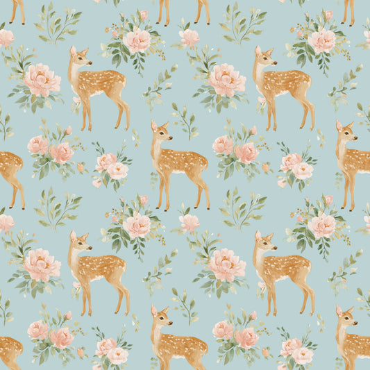 Floral Deer in Blue Digital Seamless Pattern