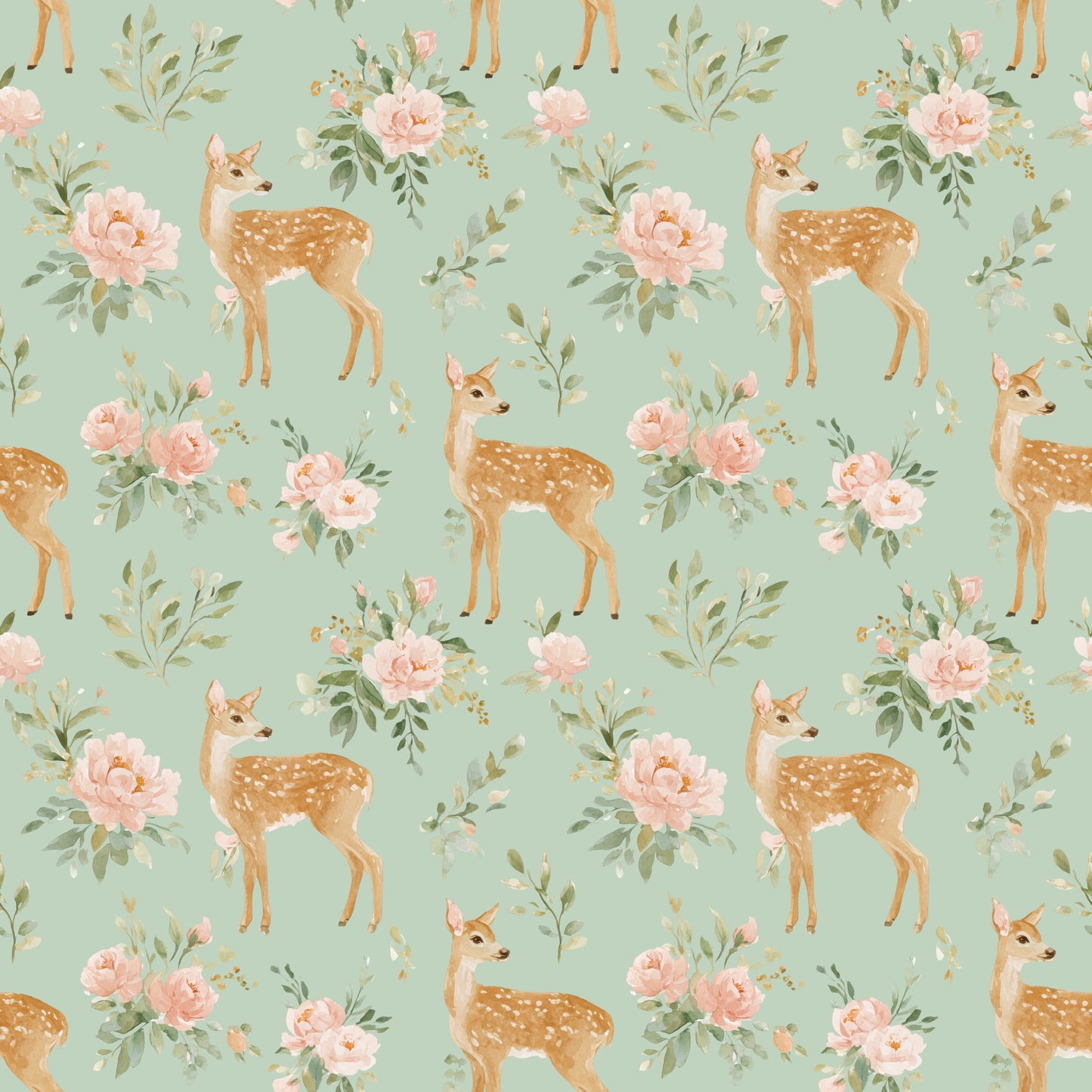 Floral Deer in Sage Digital Seamless Pattern