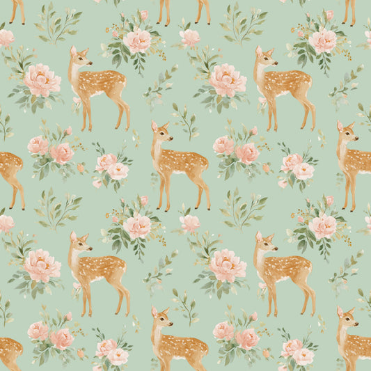 Floral Deer in Sage Digital Seamless Pattern