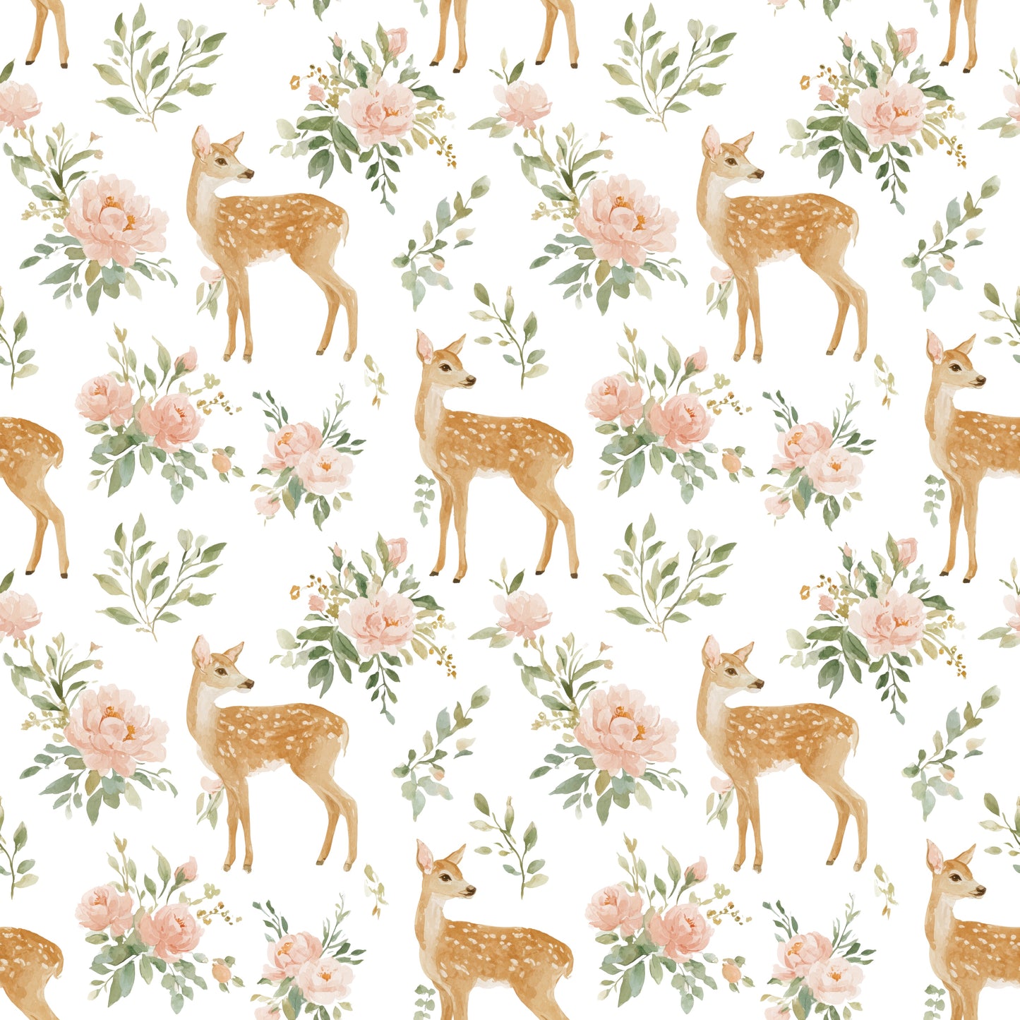 Floral Deer in White Digital Seamless Pattern