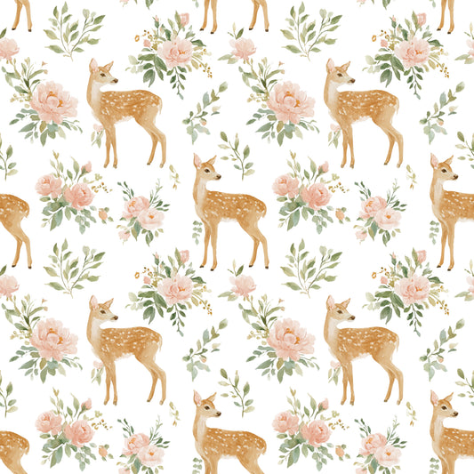 Floral Deer in White Digital Seamless Pattern