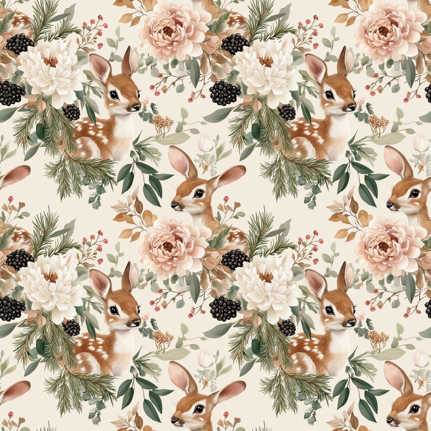 Floral Deer Woodland Digital Seamless Pattern