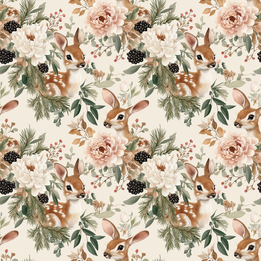 Floral Deer Woodland Digital Seamless Pattern