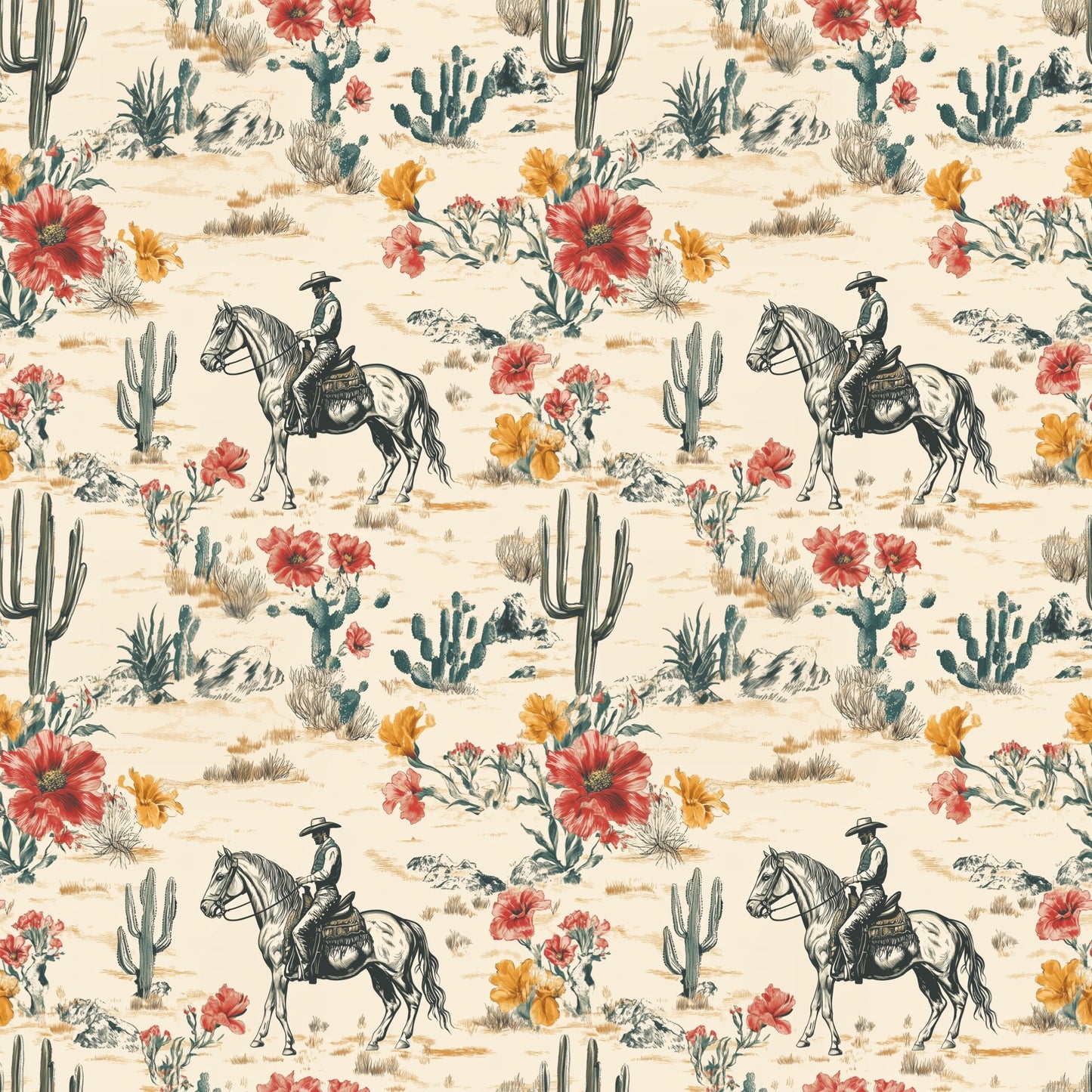 Floral Desert Cowboy Digital Seamless Pattern