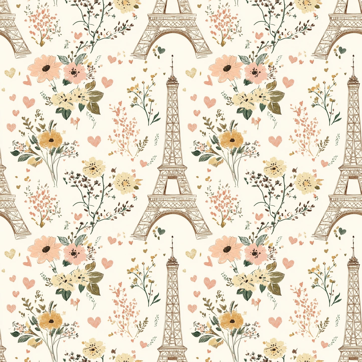 Floral Eiffel Tower Digital Seamless Pattern