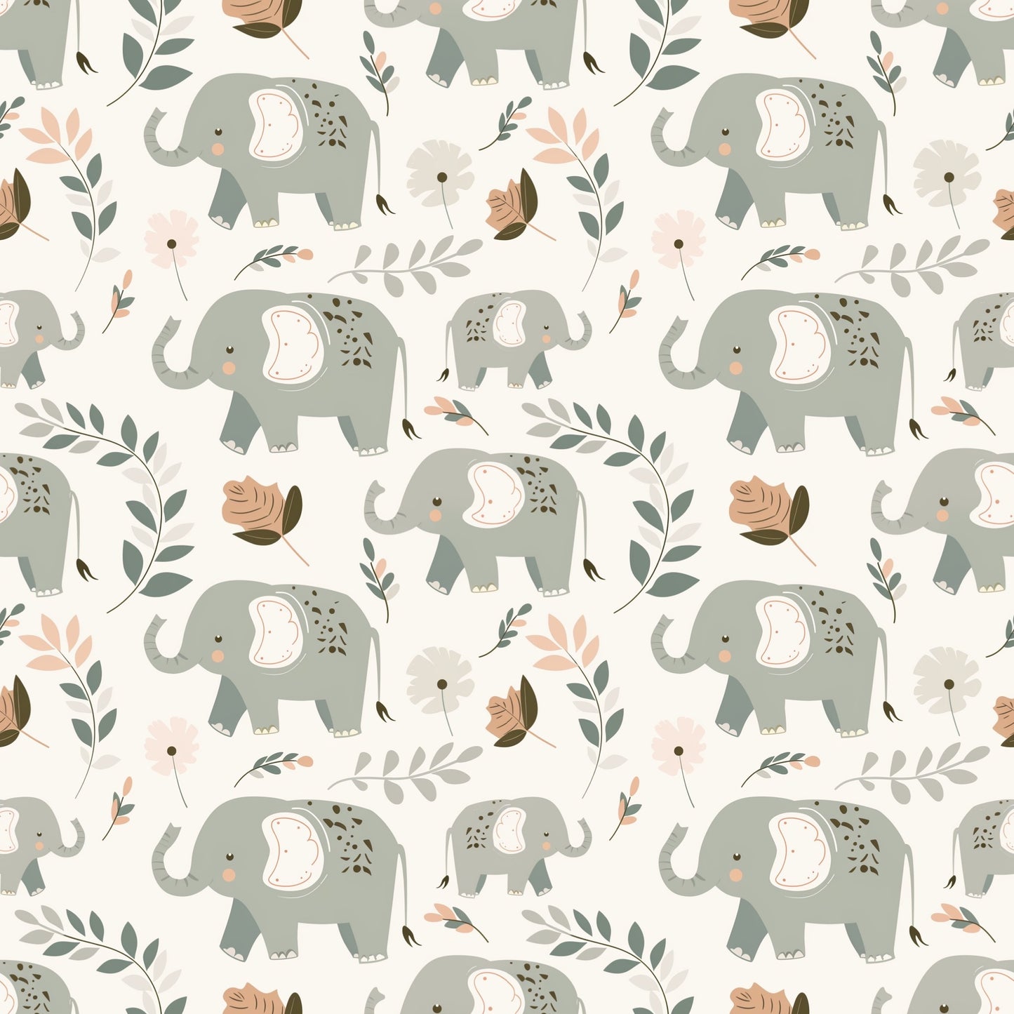 Floral Elephant Family Digital Seamless Pattern