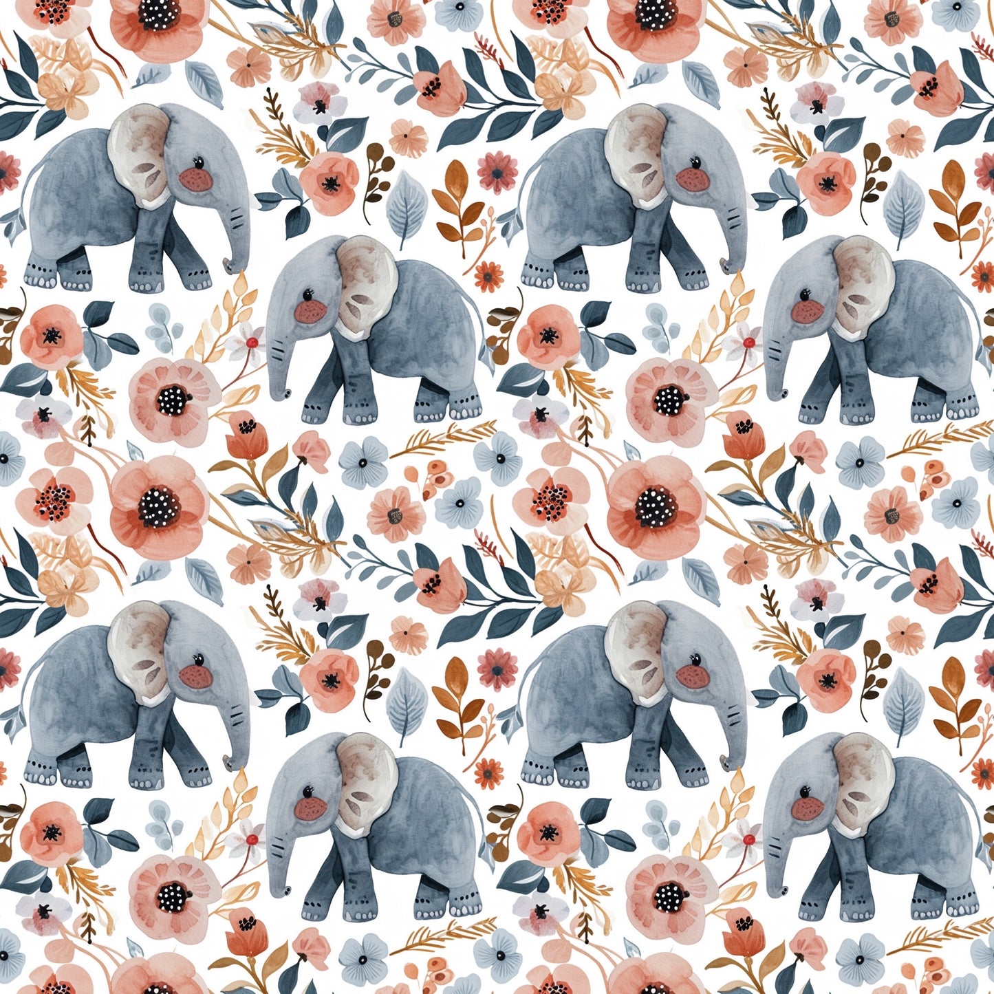 Floral Elephants Digital Seamless Pattern
