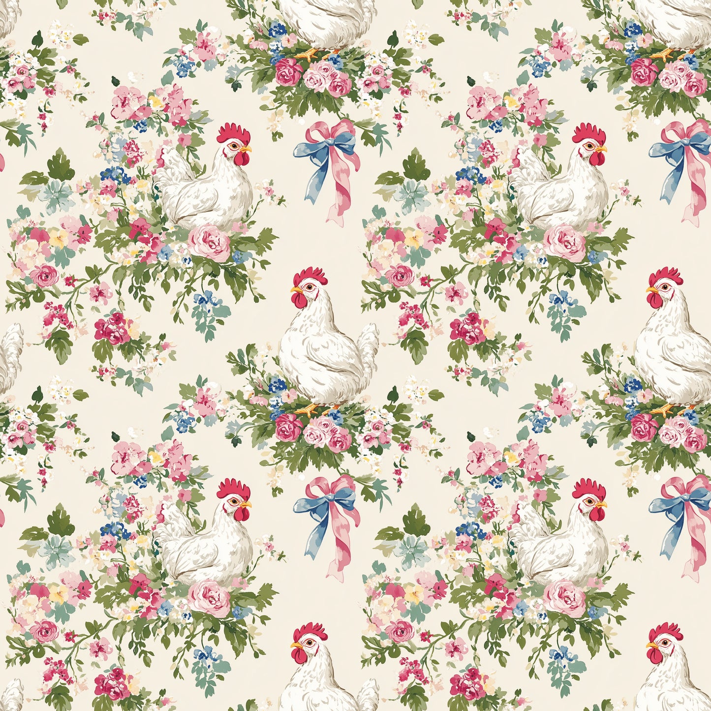 Floral Hens & Bows Digital Seamless Pattern