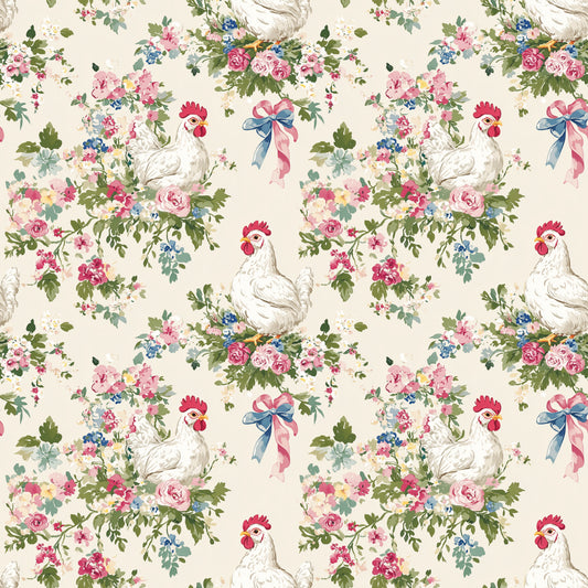 Floral Hens & Bows Digital Seamless Pattern