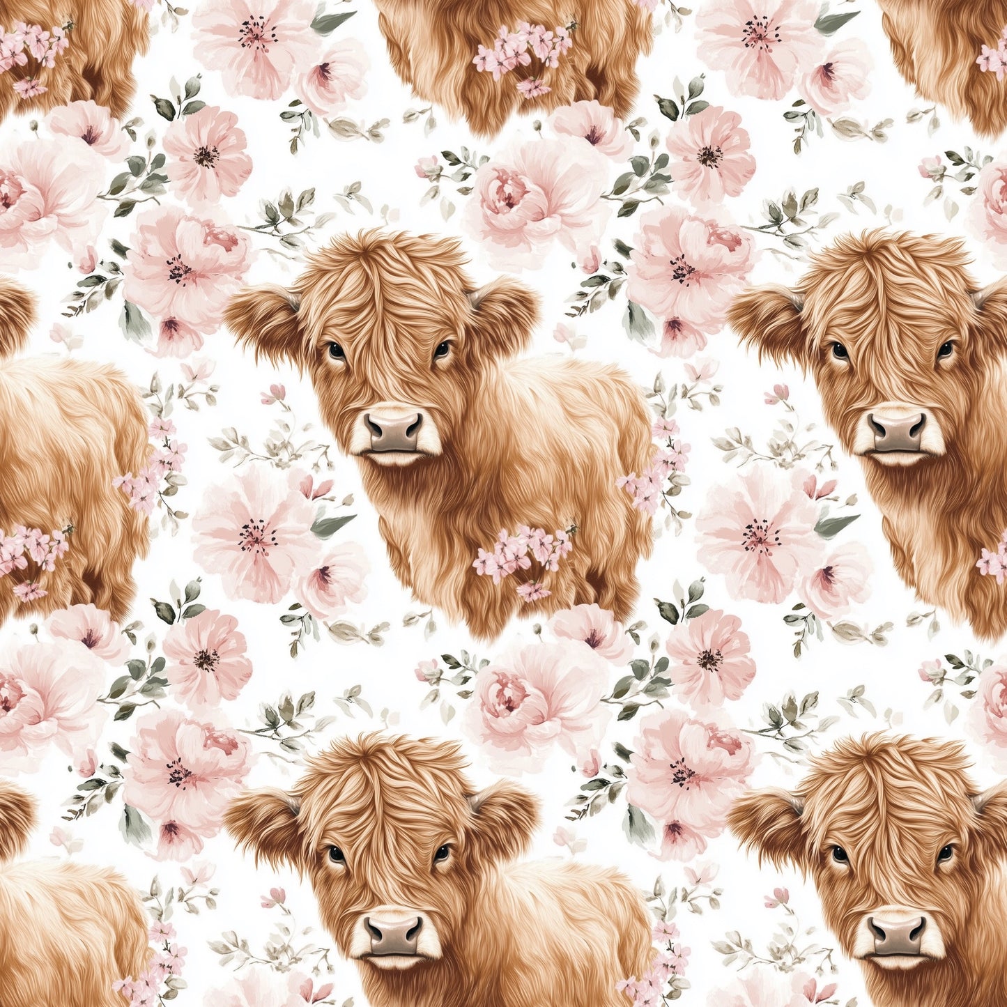 Floral Highland Cow Digital Seamless Pattern