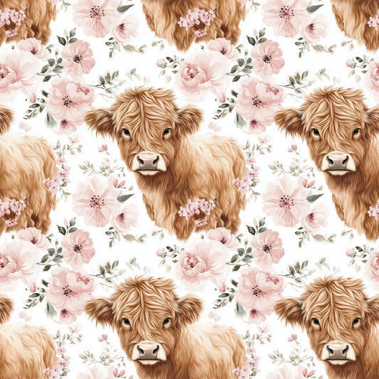 Floral Highland Cow Digital Seamless Pattern