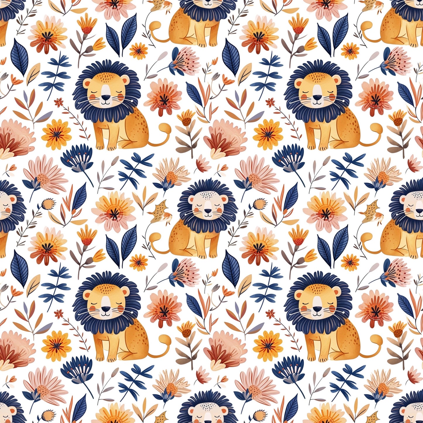 Floral Lion Digital Seamless Pattern