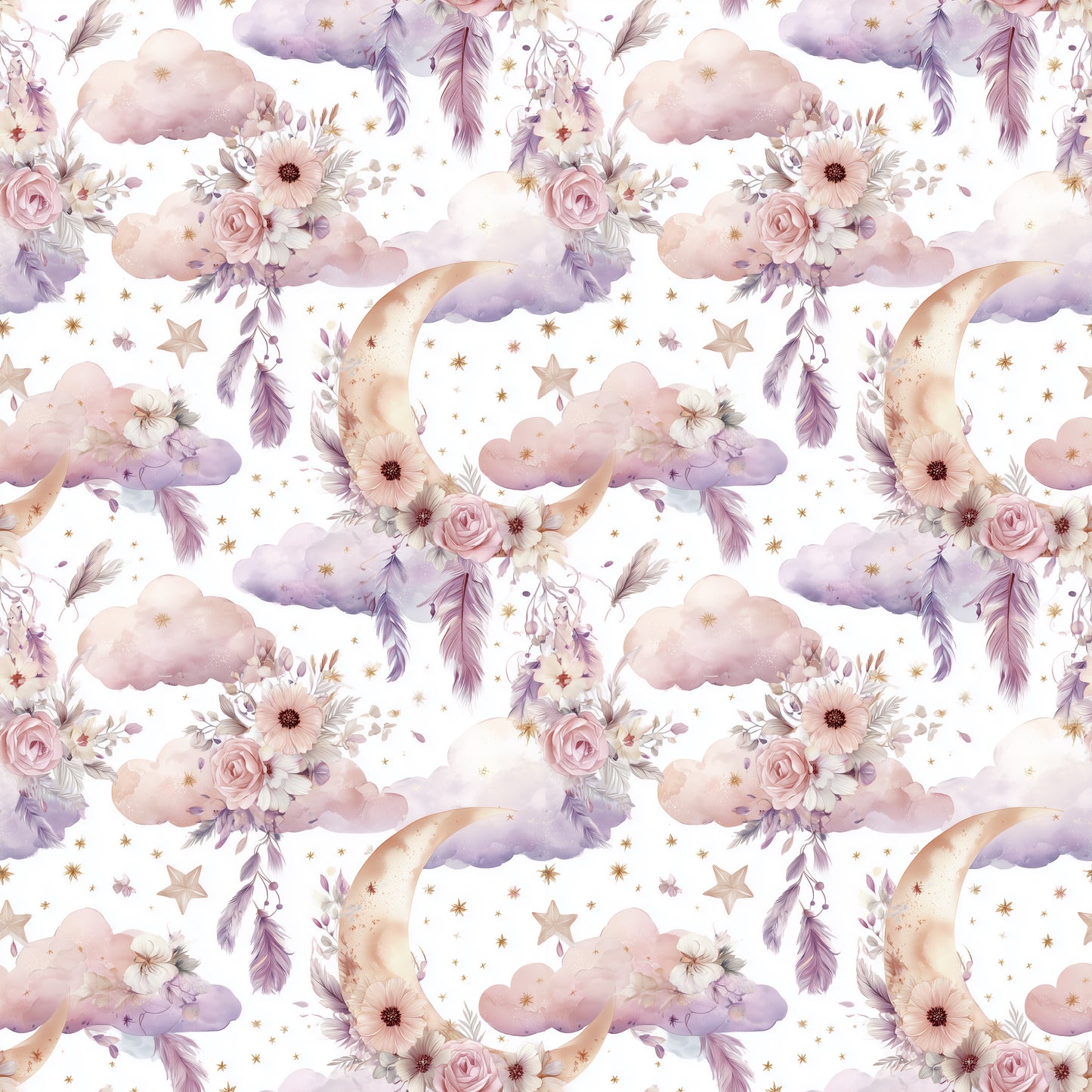 Floral Moons Digital Seamless Pattern