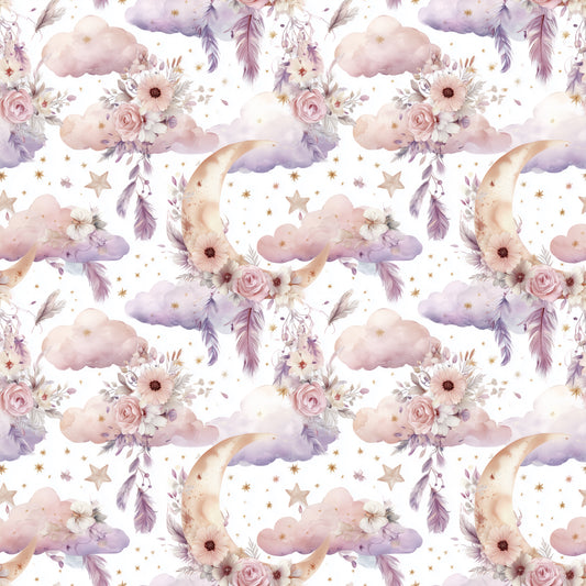 Floral Moons Digital Seamless Pattern