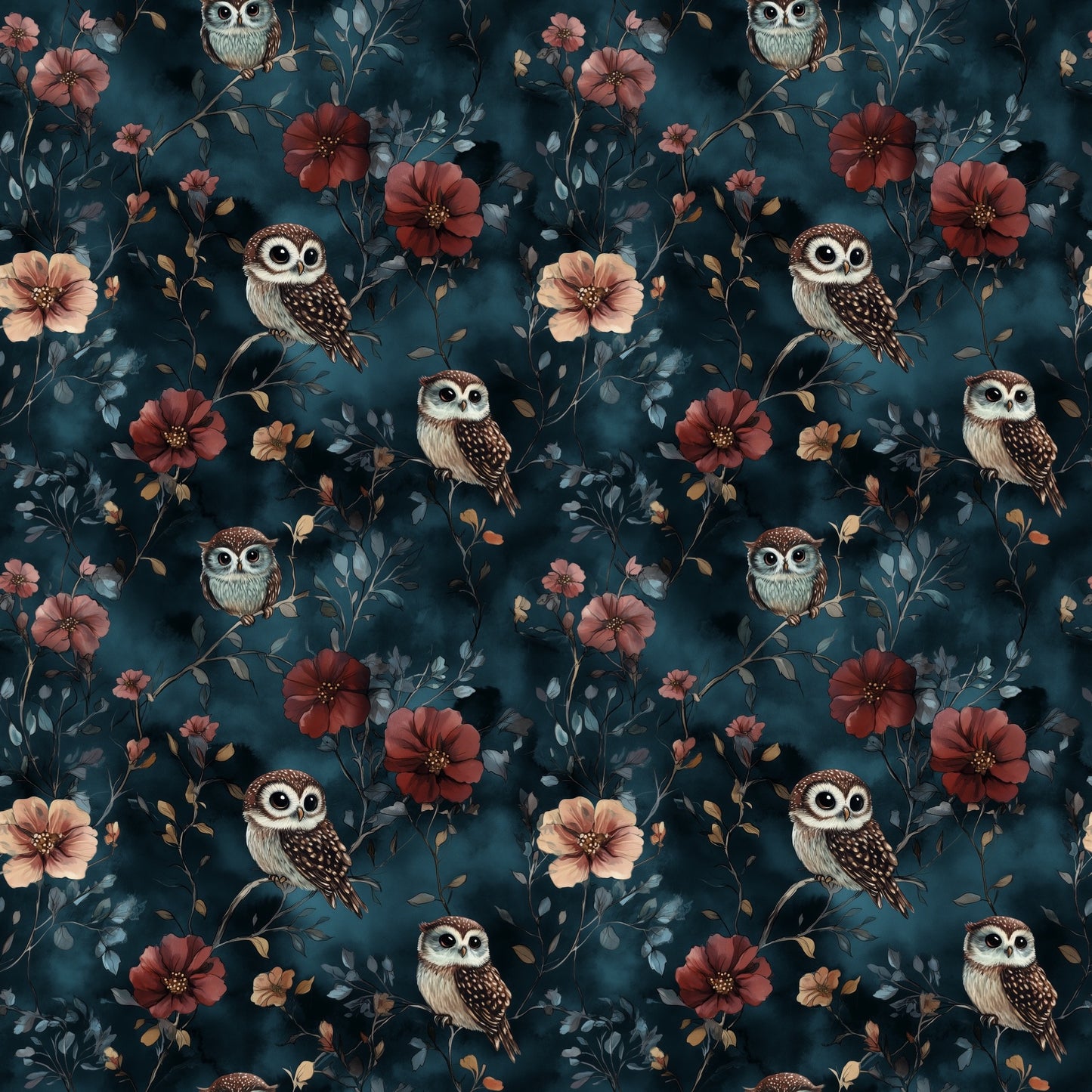 Floral Night Owls Digital Seamless Pattern
