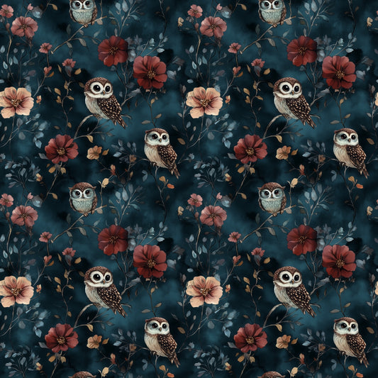 Floral Night Owls Digital Seamless Pattern