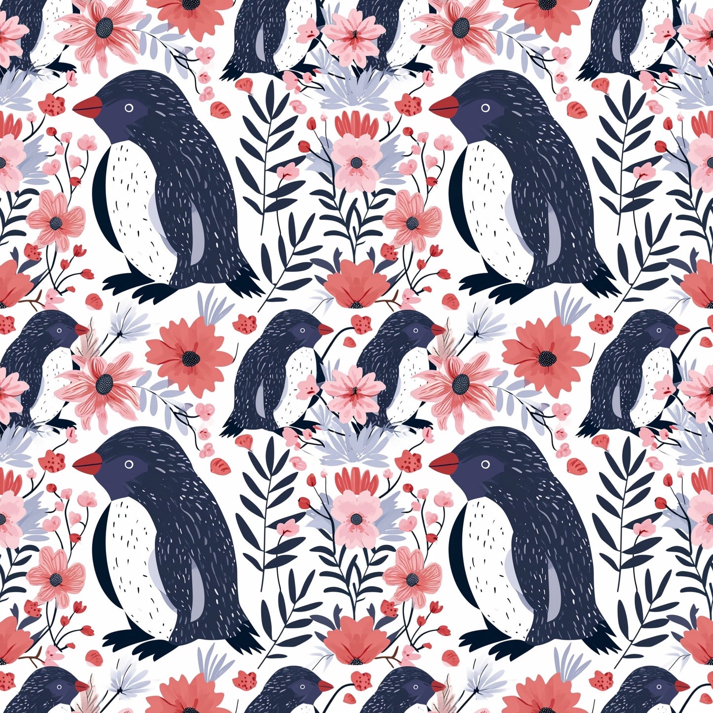 Floral Penguins Digital Seamless Pattern
