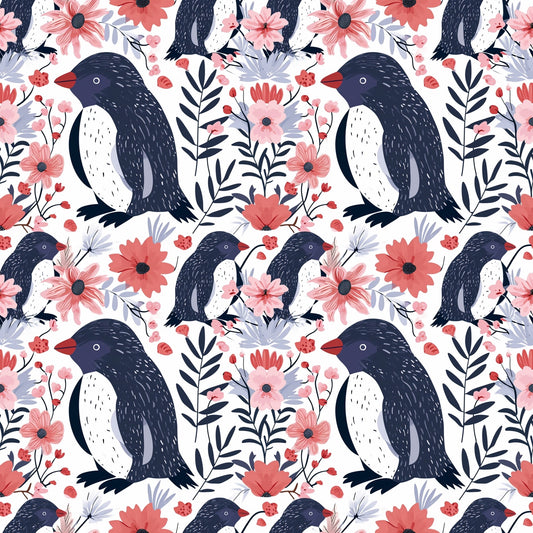 Floral Penguins Digital Seamless Pattern