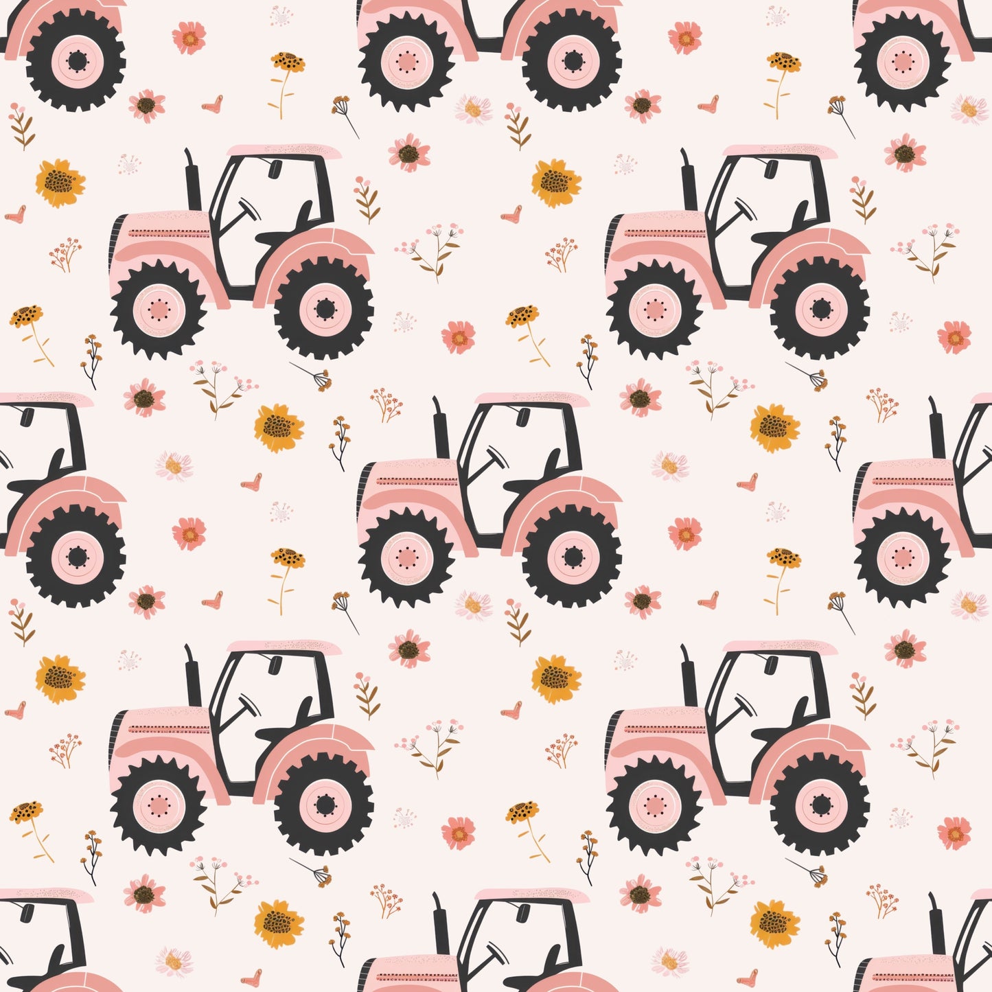 Pink Floral Tractors Digital Seamless Pattern