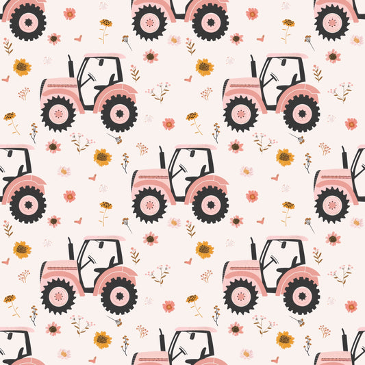 Pink Floral Tractors Digital Seamless Pattern