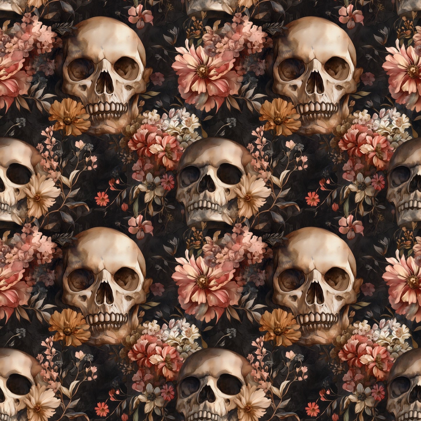 Floral Skulls Digital Seamless Pattern