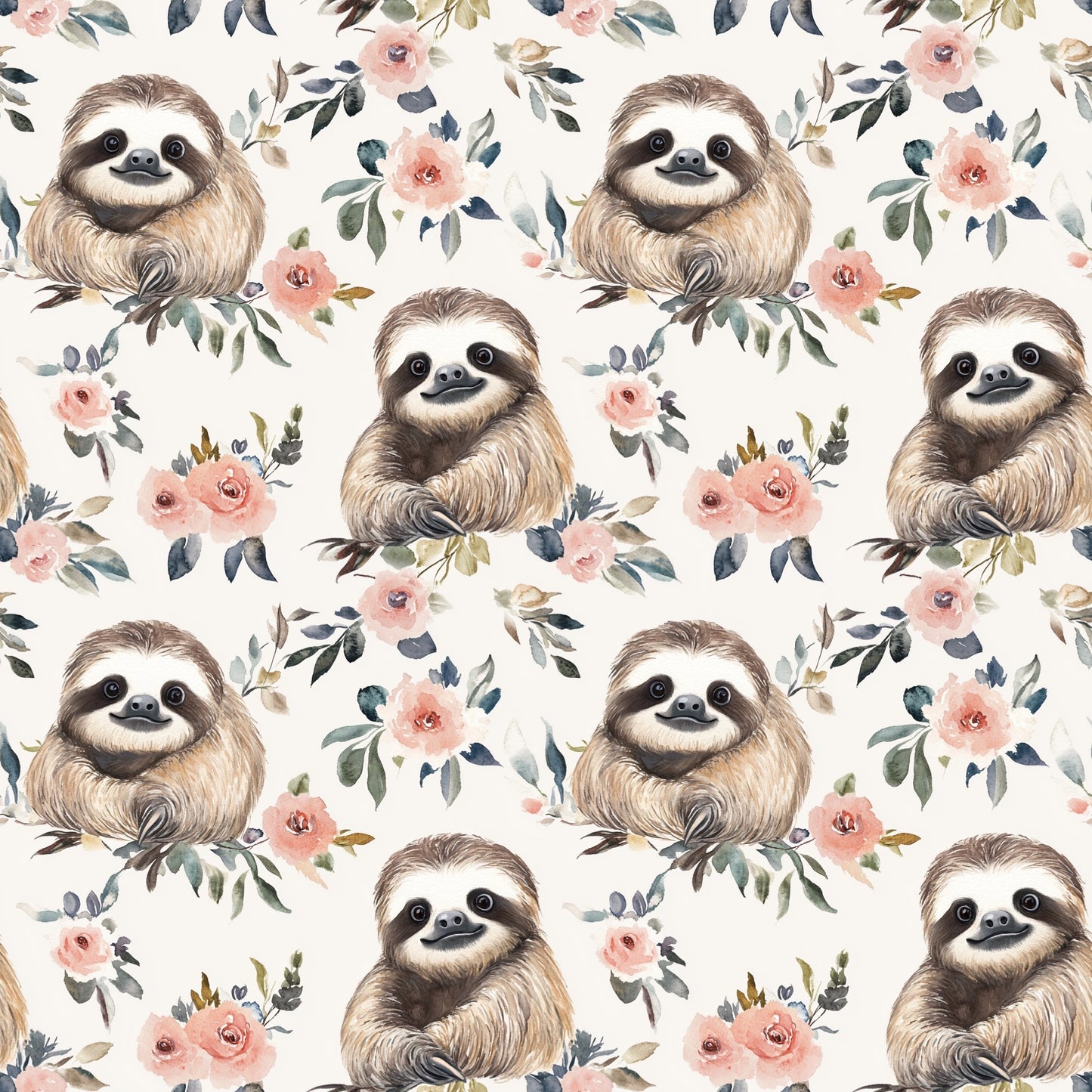 Floral Sloth Digital Seamless Pattern