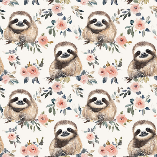 Floral Sloth Digital Seamless Pattern