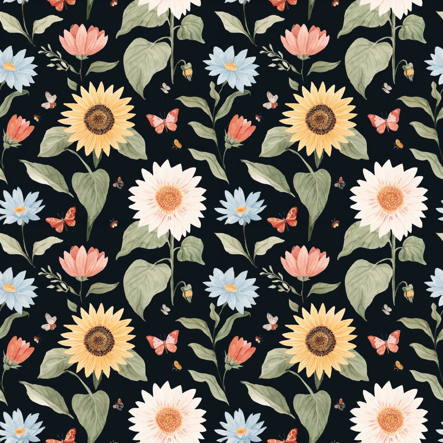 Floral Sunflower Butterflies Digital Seamless Pattern