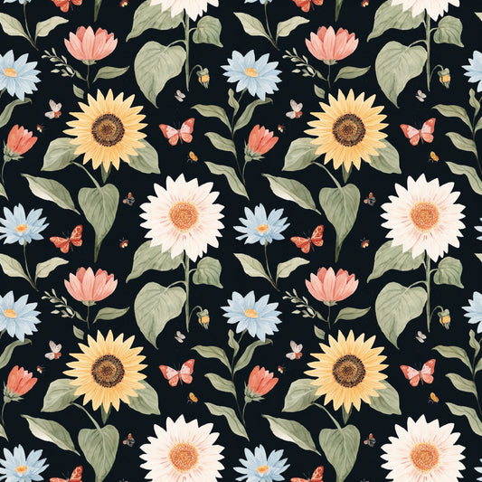 Floral Sunflower Butterflies Digital Seamless Pattern