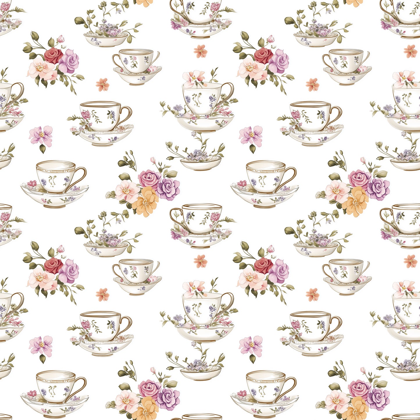 Floral Tea Time Digital Seamless Pattern
